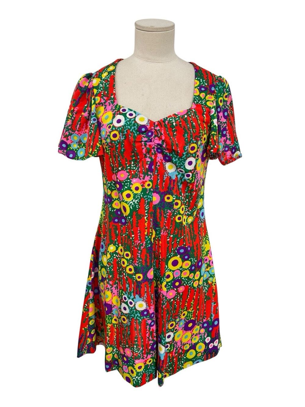 Vintage Flower Power Mini Dress Retro Floral Psychedelic Handmade 60s Size Small